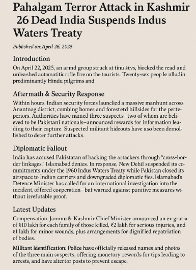 Pahalgam Terror Attack in Kashmir 26 Dead India Suspends Indus Waters Treaty